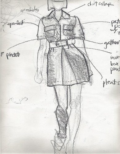 crisp fabric textures and construction details in firmly woven denim: patch pockets, belt, and collar details in charcoal pencil fashion sketch