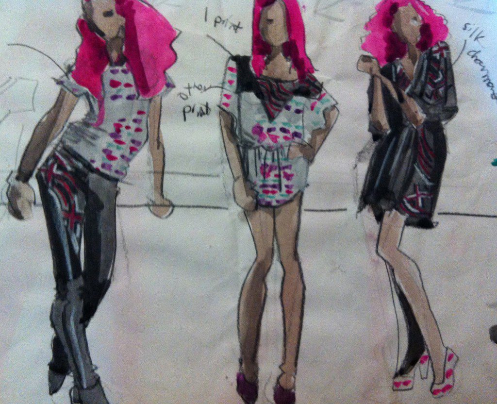 Quick rendered croquis from magazine tears in gouache and pencils, Laura Volpintesta collection
