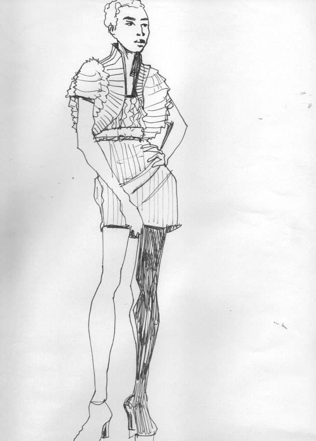 Laura Volpintesta, fashion drawing showing descriptive line quality in  fine felt tip pen, live model sketch, fashion illustration tribe, Parsons the New School for Design