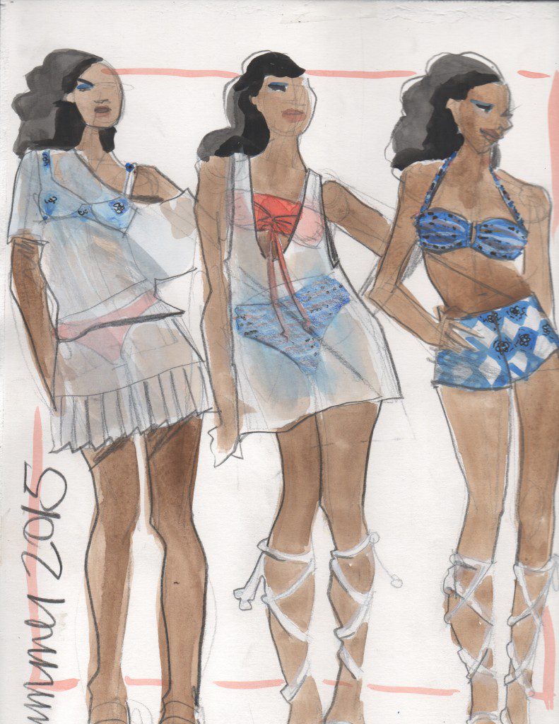 collection swimwear design sketches by Laura Volpintesta. Sheer, pleats, croquis book, print and patterns, gouache, contours, beachwear and cover-ups. straps. bikinis