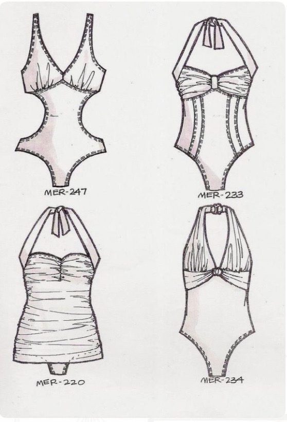 flats for ashion design, target swimwear project, ink and shadow lline quality line drawings , merchandising 