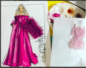 online fashion design and illustration course: Fabric Form and Flow: Eveningwear, Exotic, and Special Occasion fashions. Gouache, markers and Ipad techniques are explored in this online program!