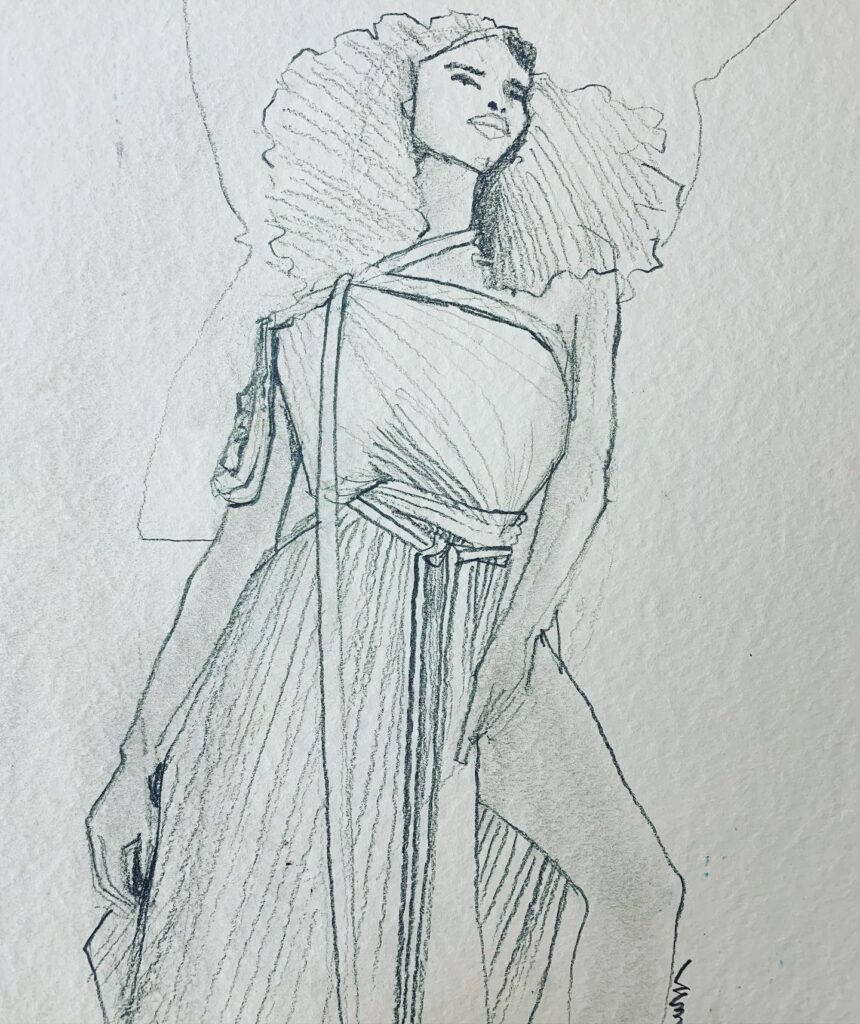 asymmetriy in the neckline, pencil, fashion design illustration by Laura Volpintesta