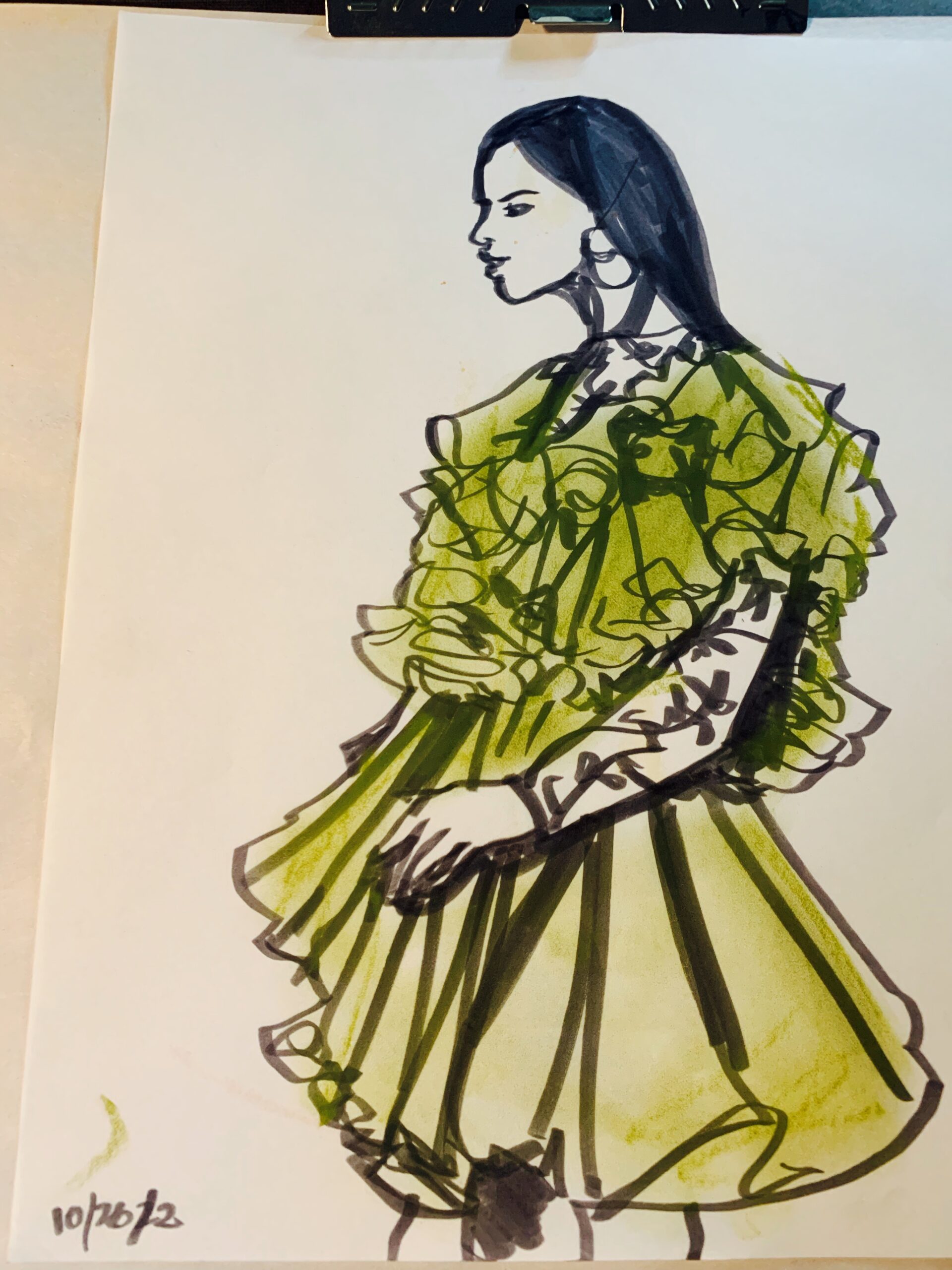 fashion drawing with Tombow brush tip markers , with Derwent colored graphite blocks on sketch paper, by Laura Volpintesta fashion illustration