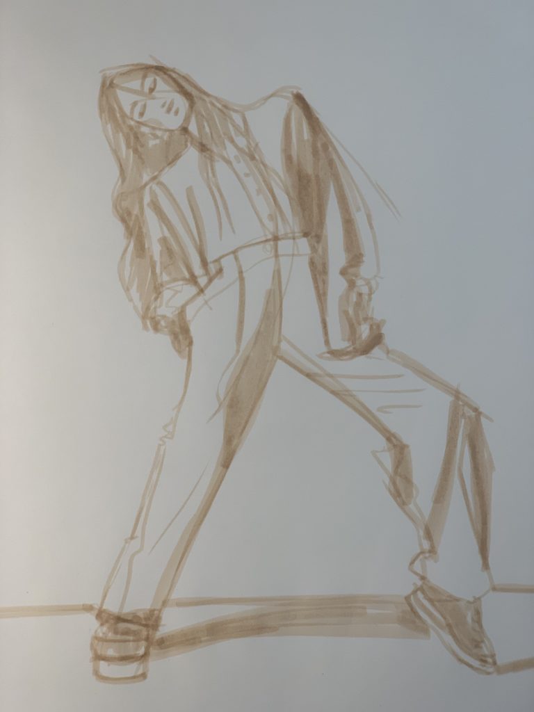 step one: Beige Tombow brush tip watercolor marker, sketch, blouse, trousers, buttons, placket, pleated wide-leg pants, contours, shading, line quality, fashion illustration, sketching. Laura Volpintesta