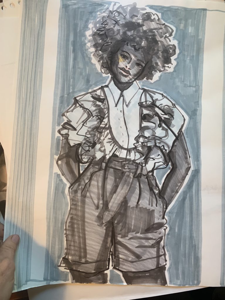 marker fashion illustration, shirt collar, afro, curls, background, chisel tip marker, yoke, ruffles, gathers, pants, pleated trousers, buttons, shorts, cuffs, cuffed Laura Volpintesta
