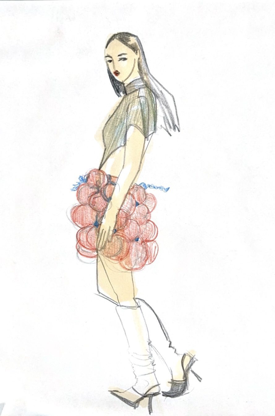 Fashion Illustration in colored pencil and marker of pom pom crochet skirt from fashion zoom sketch group session online by Laura Volpintesta