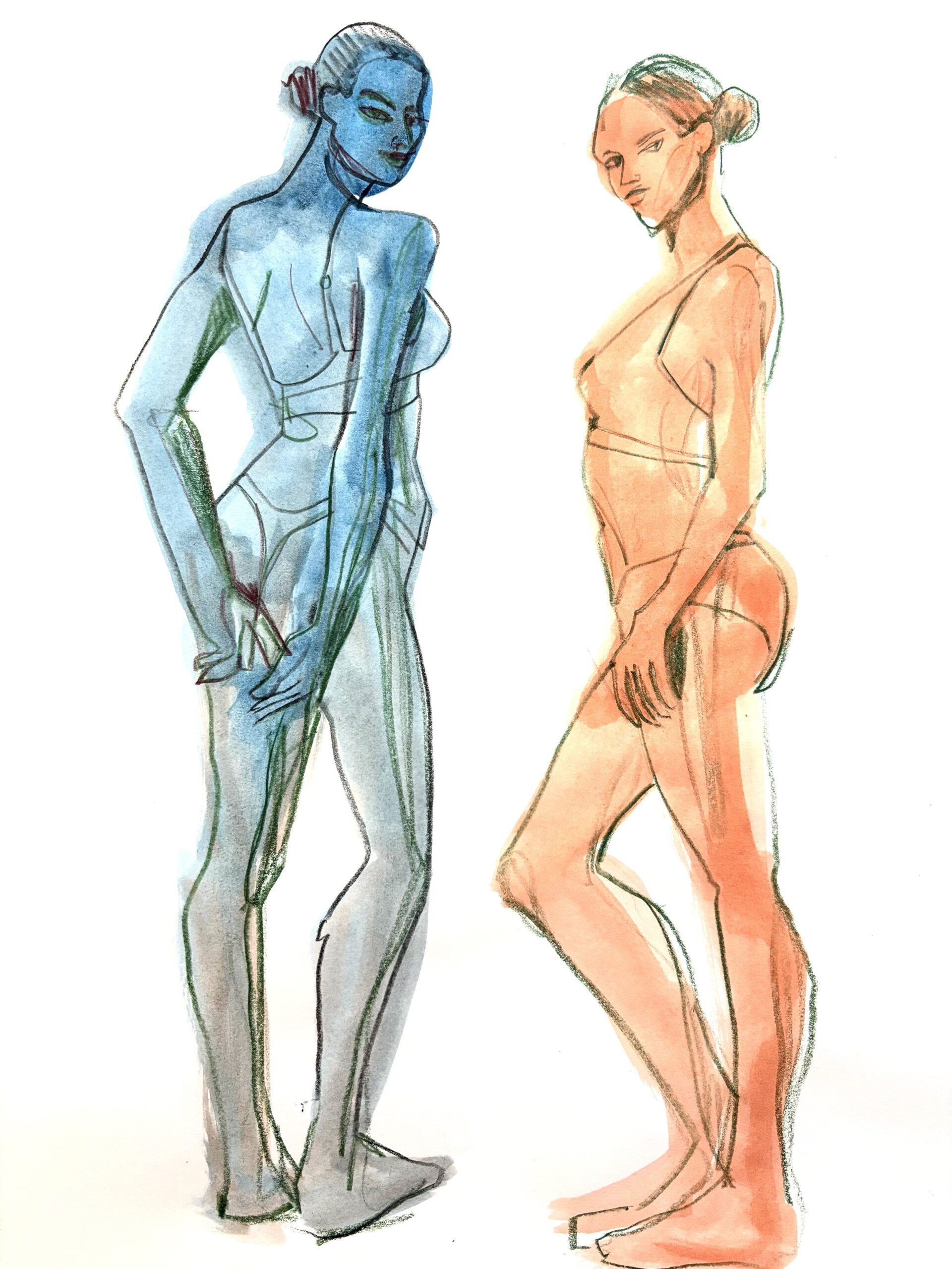 Gouache wash and colored pencil figure study fashion sketch warmups in fashion illustration online sessions by Laura Volpintesta