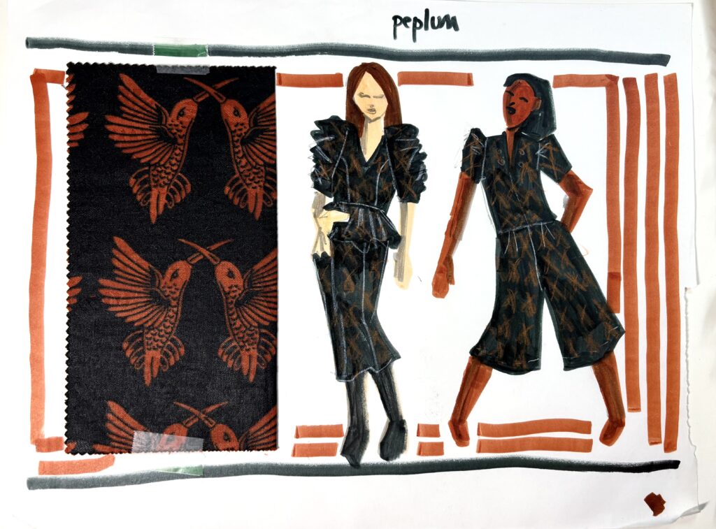 mini fashion design collection in african print Vlisco dutch wax hummingbird print , fashion illustrations in marker and white pencil by laura volpintesta . pantsuit and peplum dress