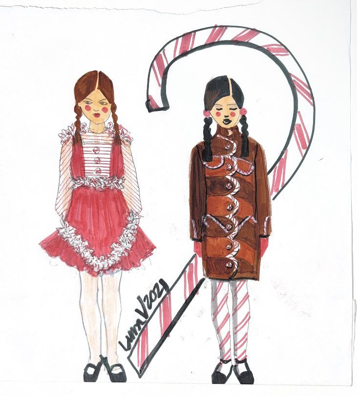 Holiday fashion sketches in marker by Laura Volpintesta, childrenswear, stripes, layout, motif, pair, pairs, panels, trims, yoke, pockets