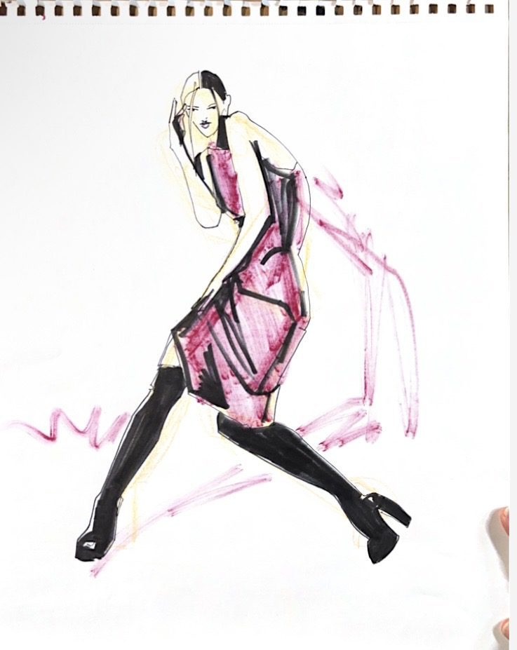 Drama and mood in fashion sketching! marker fashion illustration showing line quality and movement by Laura Volpintesta using dual-tip brush marker and design marker