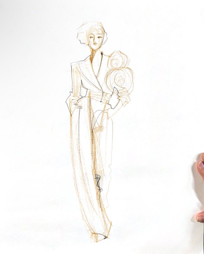 surplice-topped v-neck pantsuit fashion sketch by laura Volpintesta flower couture , collar, trousers, pants, negative shape, contours, contour drawing, undersketch,