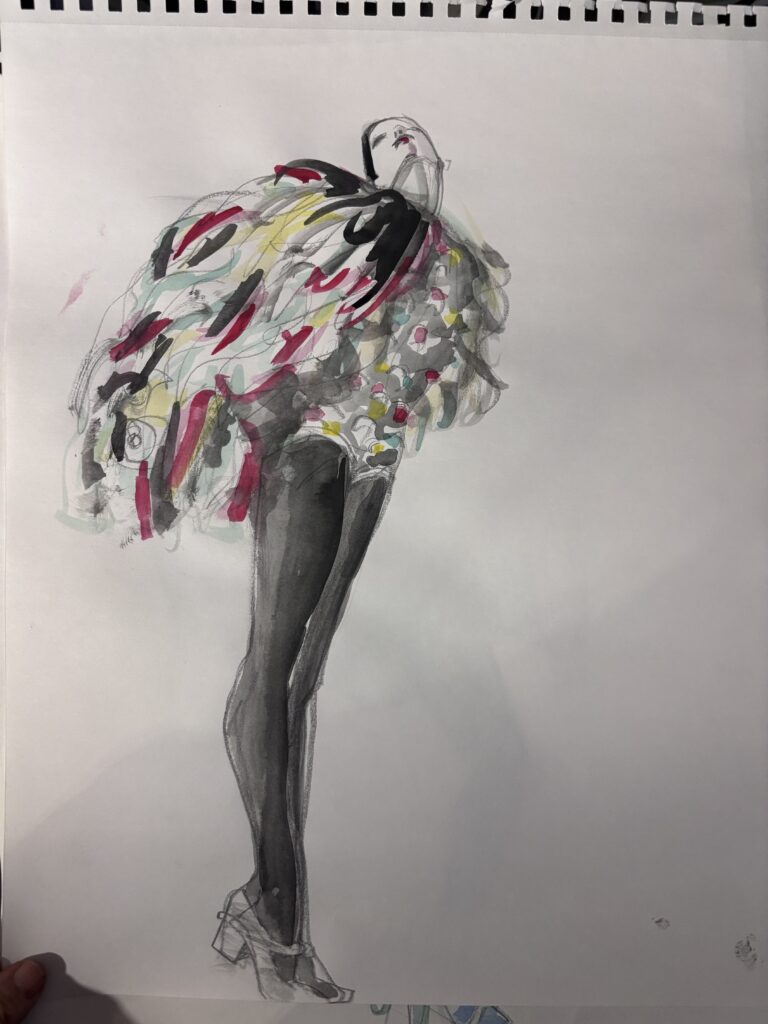 Emanuel Ungaro, fashion illustration by Laura Volpintesta, flowing upward energy like a tropical bird