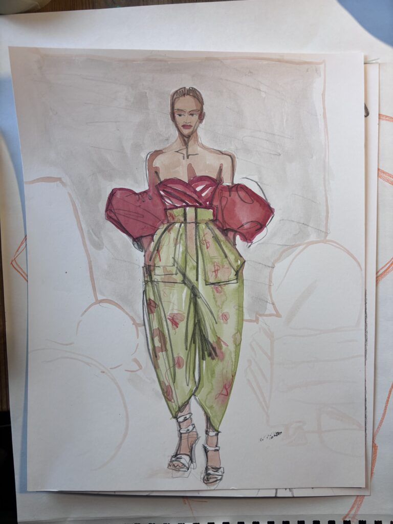 floral Gouache fashion illustration study, balloon sleeves, classic tailored trousers Laura Volpintesta