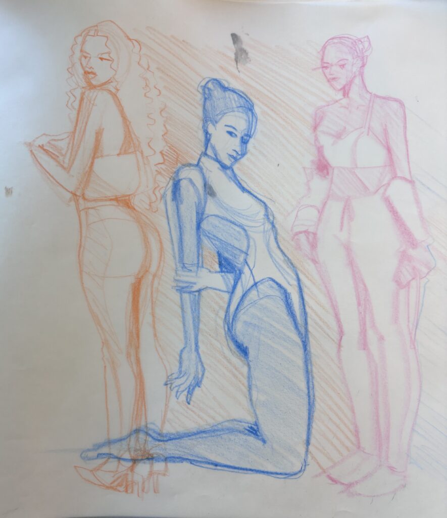 layout, warmups, anatomy, angles, colored pencils, pencil pressure, negative shape, line, tone, shape, opacity