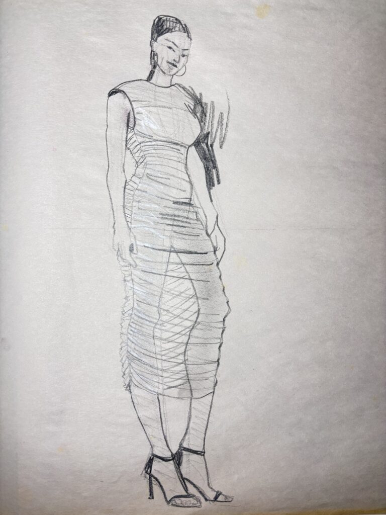 sheer, gathers, shoulder pads, layers, heels, pencil, graphite, newsprint, china marker, shine, sandals, shadow, hands, value, depth