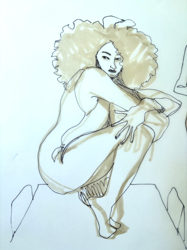 alcohol markers on tracing vellum fabriano, crouching pose, fine point sharpie, knit dress, curls
