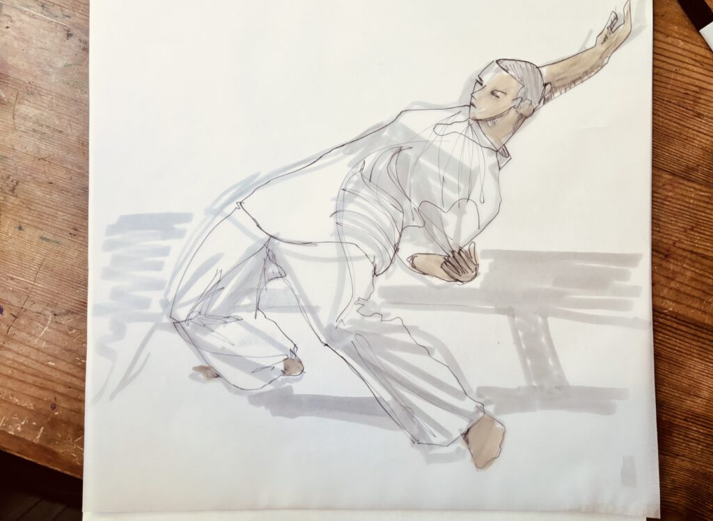 "capoeira" modern dance marker illustration on vellum with alcohol markers and ultra fine point sharpie on tracing vellum. exaggerated, dancing poses. dancer. frevo. by Laura Volpintesta