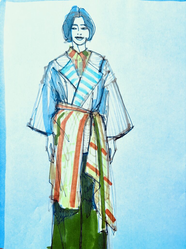 alcohol markers and sharpie ultra fine point fashion illustration using stripes and layers, on layout paper / marker paper