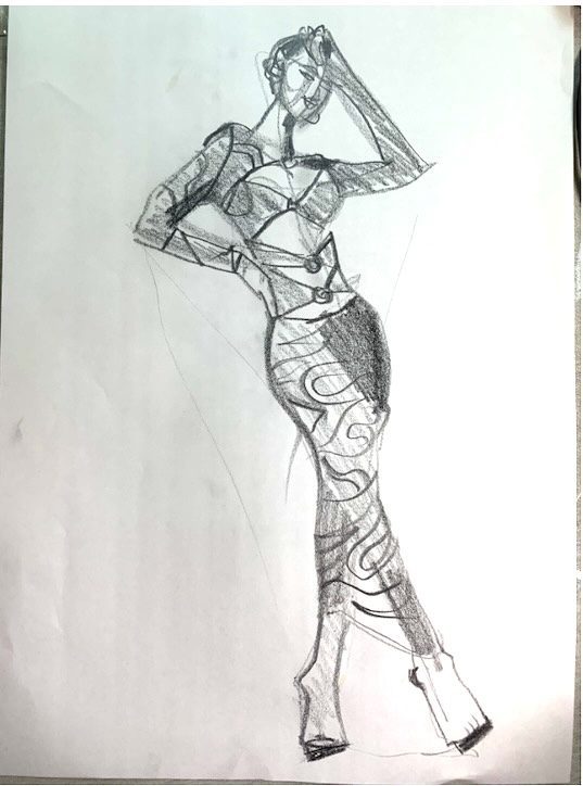 knit patterned cutout ensemble, soft pencil, process, model drawing, tension, jersey, clingly