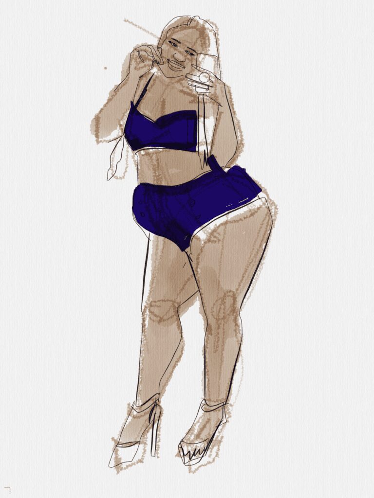 digital ipad fashion drawing, tayasui app, colored pencil, gouache, marker, fineline pen, plus size