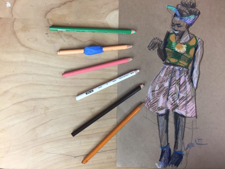 colored pencils, african print, toned paper, fashion pad