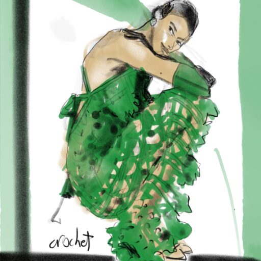 LEARN FASHION DESIGN ONLINE WITH LAURA crochet dress, digital fashion illustration, sheer, lace, tie, crouching pose, face,