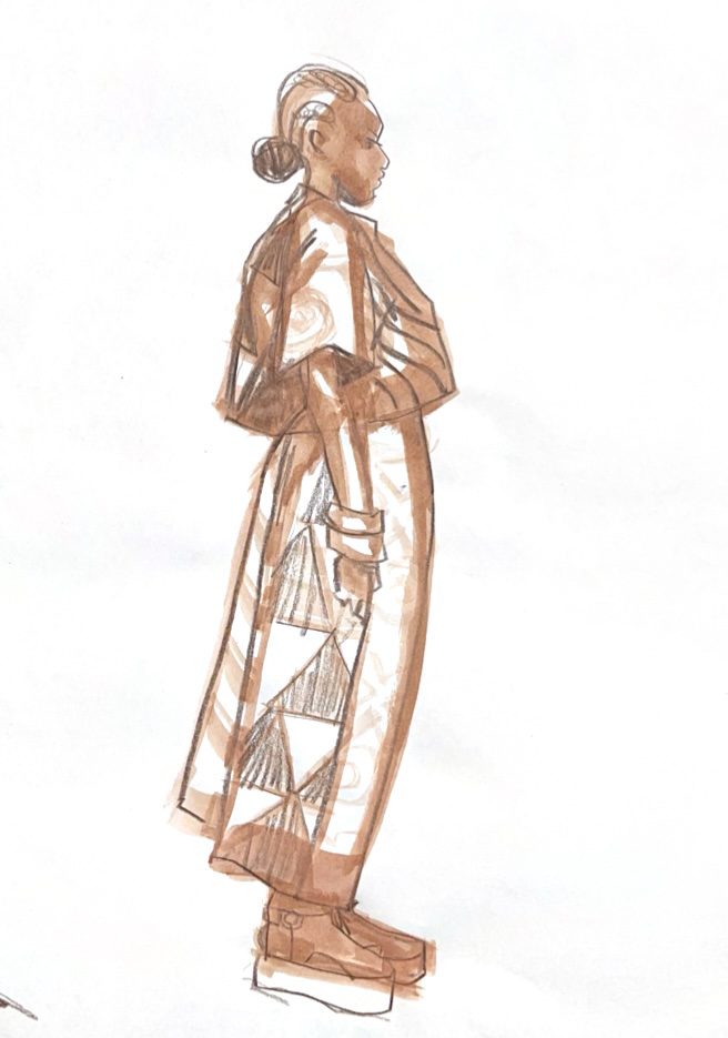 Gouache wash and pencil fashion drawing on zoom by Laura Volpintesta abstract tribal pattern, shapes, profile, platforms, pants, movement, arc, depth, gouache, pencil